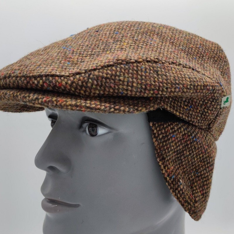 Traditional Irish Donegal Tweed Flat Cap/Paddy Cap - Speckled/Fleck Brown -100% Wool - Padded - With Foldable Earflaps - HANDMADE IN IRELAND