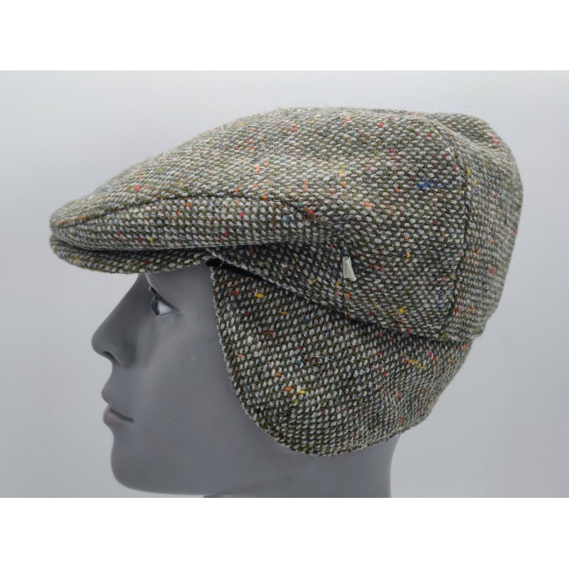 Donegal Irish Tweed Flat Cap with Foldable Earflaps - Green/Grey  Fleck / Speckled  - 100% Pure New Wool - Padded - HANDMADE IN IRELAND