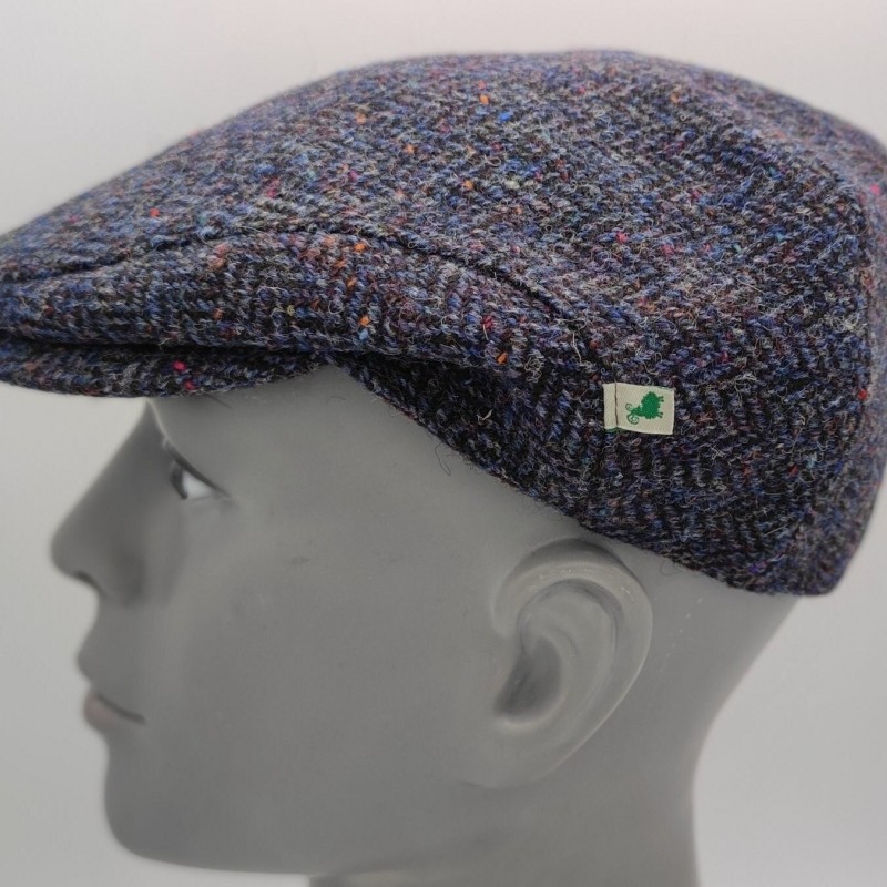 Traditional Irish Donegal Tweed Flat Cap - Dark Denim Herringbone With Fleck/Speckled - 100% Pure New Wool - Padded - HANDMADE IN IRELAND