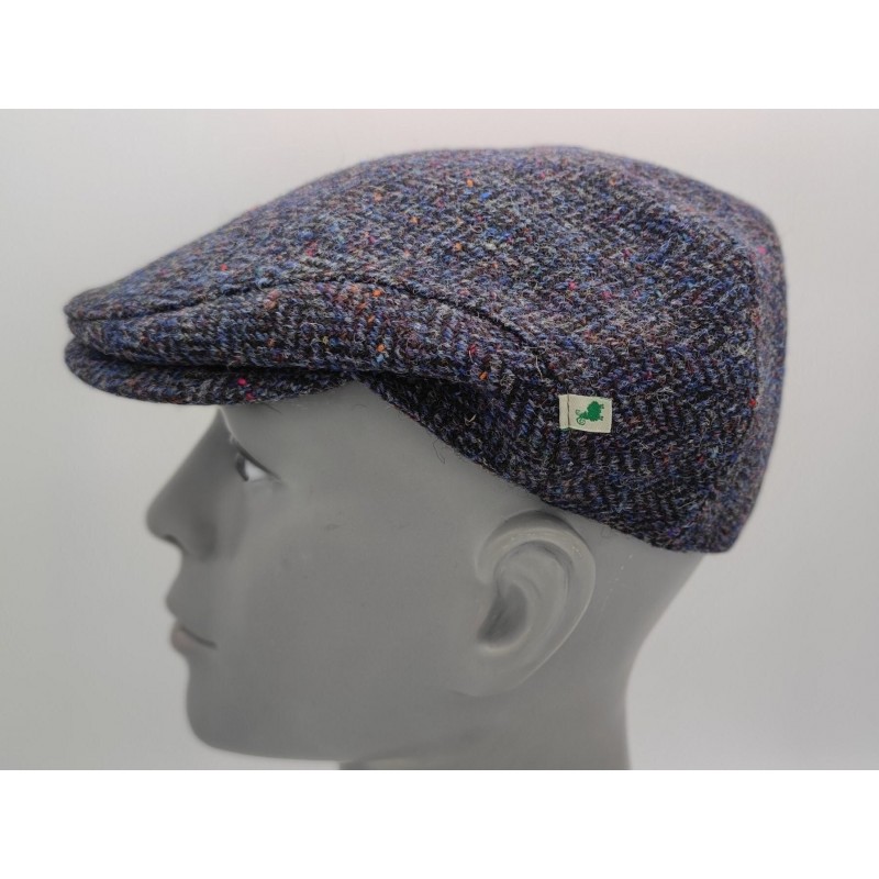 Traditional Irish Donegal Tweed Flat Cap - Dark Denim Herringbone With Fleck/Speckled - 100% Pure New Wool - Padded - HANDMADE IN IRELAND