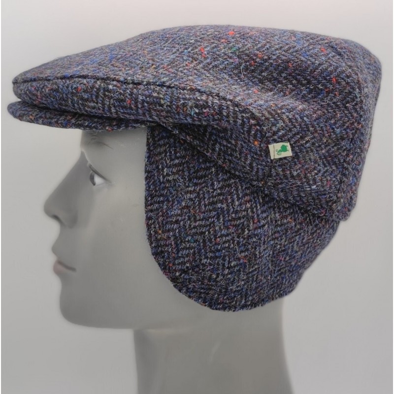 Traditional Irish Donegal Tweed Flat Cap With Foldable Ear Flaps - Dark Denim Fleck Herringbone / Speckled - 100% Wool - HANDMADE IN IRELAND