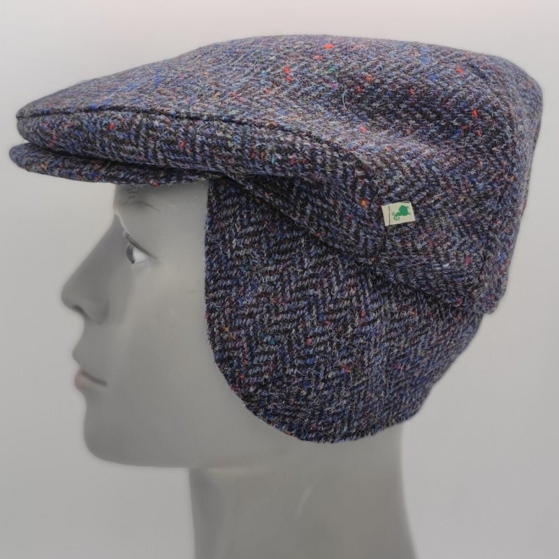 Traditional Irish Donegal Tweed Flat Cap With Foldable Ear Flaps - Dark Denim Fleck Herringbone / Speckled - 100% Wool - HANDMADE IN IRELAND