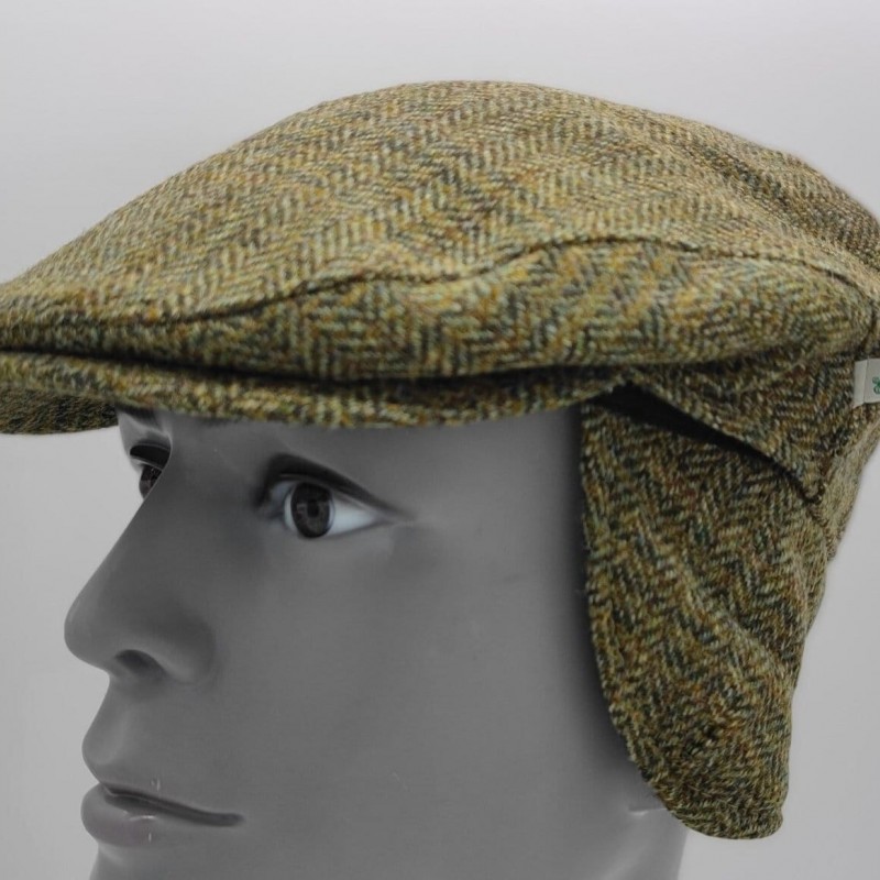 Traditional Irish Tweed Flat Cap With Foldable Ear Flaps - Green Tartan - Plaid - Check - 100% Pure New Wool - Padded - HANDMADE IN IRELAND