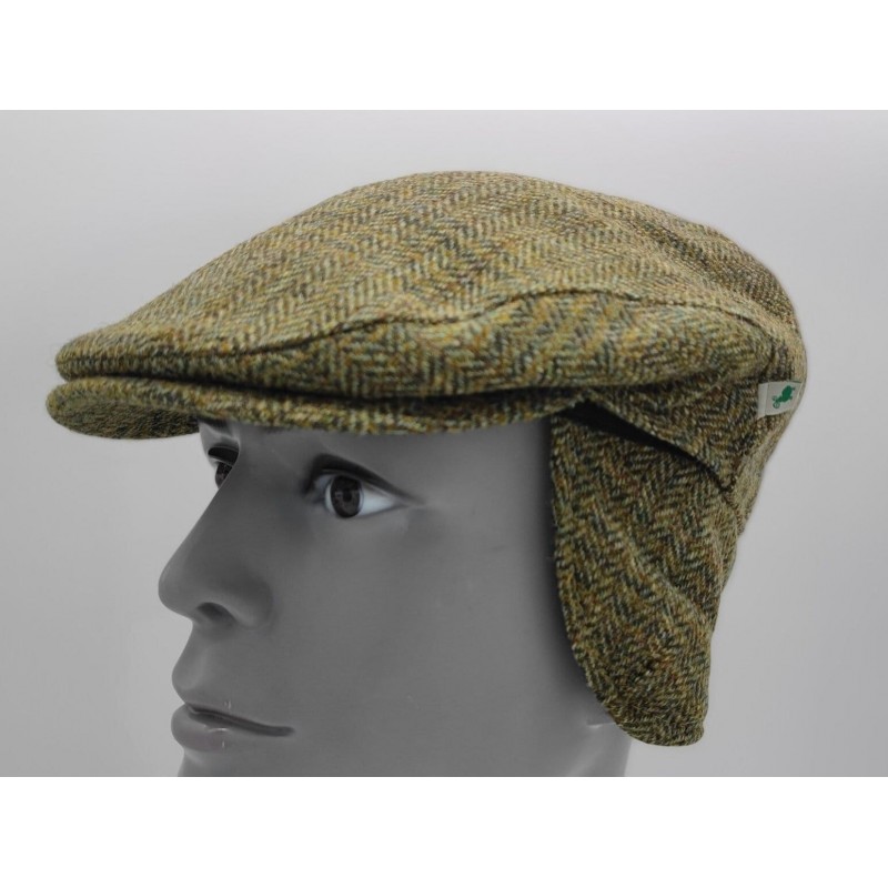 Traditional Irish Tweed Flat Cap With Foldable Ear Flaps - Green Tartan - Plaid - Check - 100% Pure New Wool - Padded - HANDMADE IN IRELAND