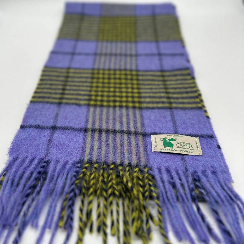 Luxurious Irish Lambswool Scarf in Peri Peri Purple and Golden Yellow Tartan Plaid - Handcrafted Elegance for Winter - Long -MADE IN IRELAND