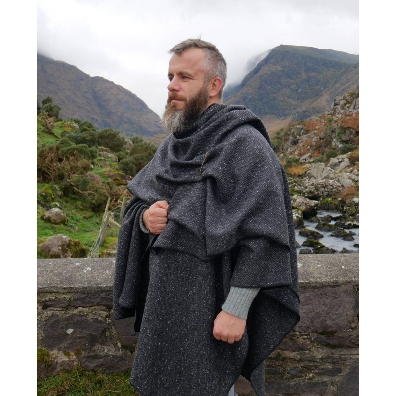 Irish Donegal Tweed Wool Ruana, Cape, Wrap, Cloak - Charcoal/ Grey Salt & Pepper Herringbone  - Heavy Tweed - Unisex - HANDMADE IN IRELAND