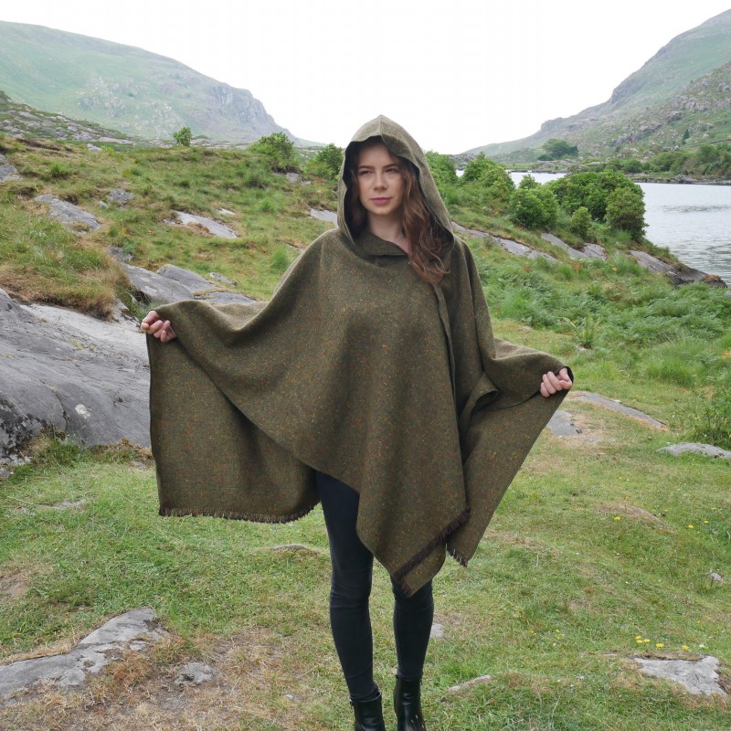 Irish Donegal Tweed Wool Hooded Ruana, Wrap, Cape, Arisaid  - Speckled Forest Green -100% Pure New Wool- Limited Stock - HANDMADE IN IRELAND