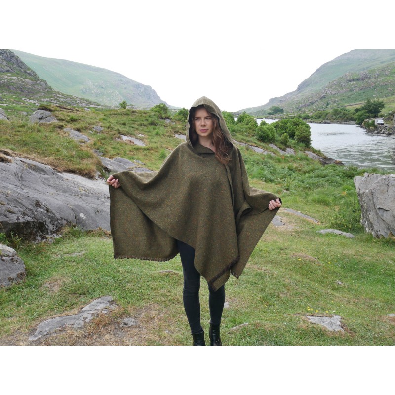 Irish Donegal Tweed Wool Hooded Ruana, Wrap, Cape, Arisaid  - Speckled Forest Green -100% Pure New Wool- Limited Stock - HANDMADE IN IRELAND