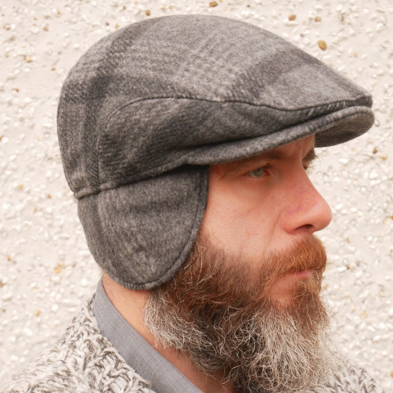 Traditional Irish tweed flat cap -grey/charcoal tartan/plaid check -with foldable/optional ear flaps -100% wool -padded -HANDMADE IN IRELAND