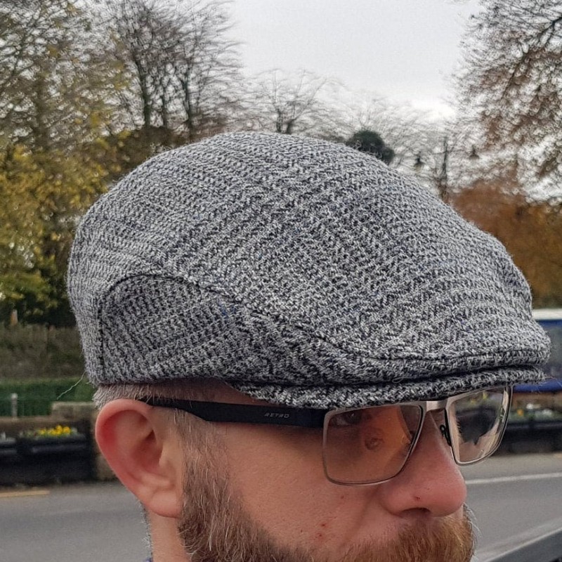 Traditional Irish tweed Flat Cap -Paddy Cap- Grey/Blue Tartan /Plaid/Check -Prince of Wales tartan- 100% Wool -Padded -  HANDMADE IN IRELAND