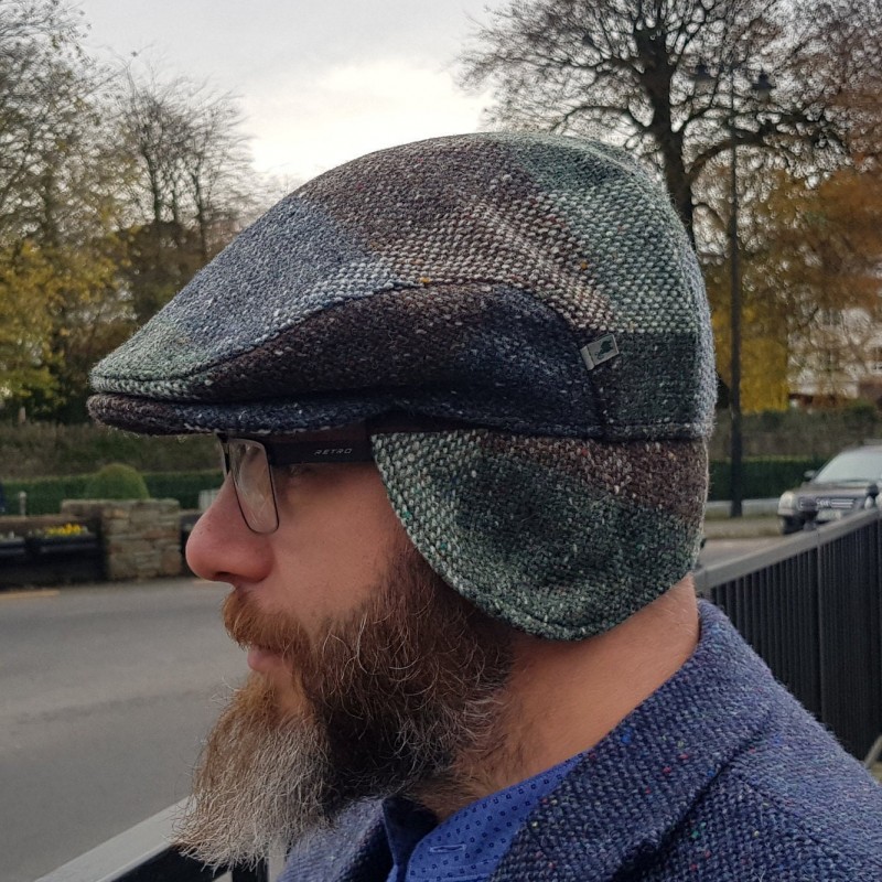 Traditional Irish Donegal Tweed Flat Cap - Green Brown Block Check - 100% Wool - Padded With Foldable Ear Flaps - HANDMADE IN IRELAND