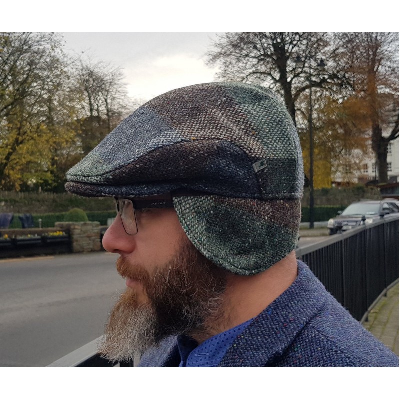 Traditional Irish Donegal Tweed Flat Cap - Green Brown Block Check - 100% Wool - Padded With Foldable Ear Flaps - HANDMADE IN IRELAND