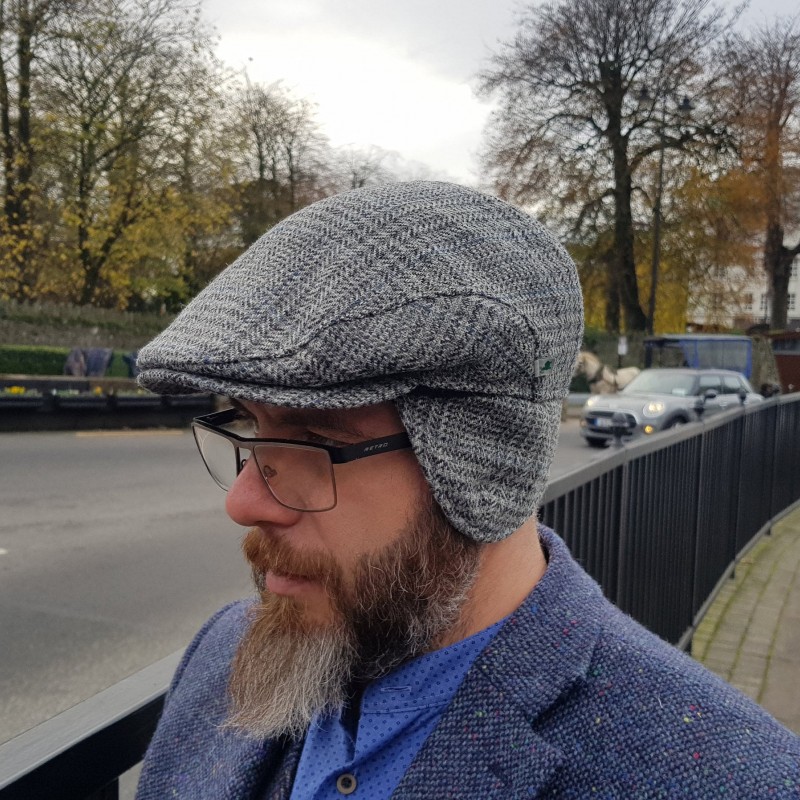 Traditional Irish Tweed Flat Cap - Grey/Blue Tartan/Plaid/Check - 100% Pure New Wool - Padded - With Foldable Ear Flaps -HANDMADE IN IRELAND