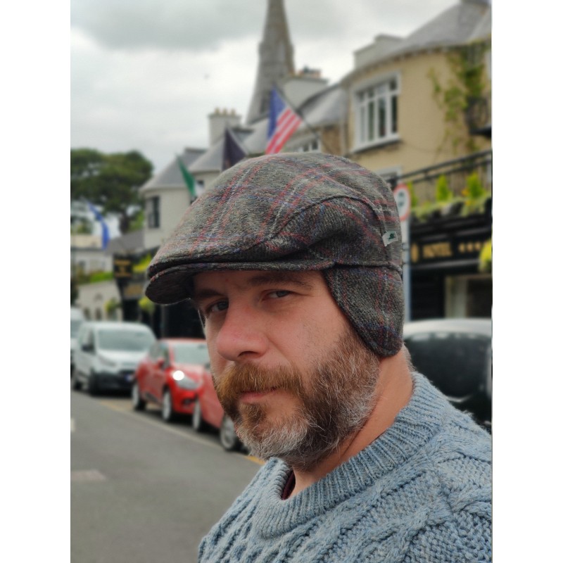 Traditional Irish Tweed Flat Cap - Green Red Blue Tartan / Plaid / Check - 100% Wool - Padded - With Foldable Ear Flaps -HANDMADE IN IRELAND