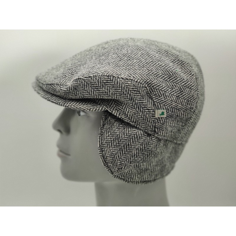 Irish Tweed Flat Cap - Black & White Herringbone - 100% Pure New Wool - Padded - With Foldable Ear Flaps - HANDMADE IN IRELAND