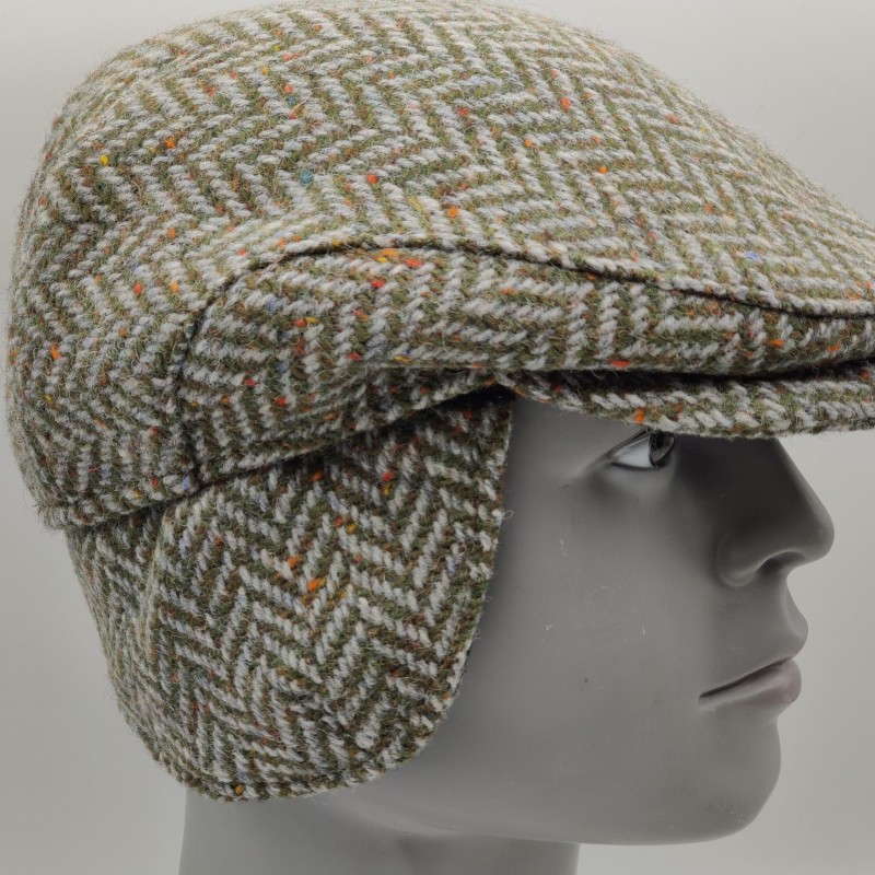 Traditional Irish Donegal Tweed Flat Cap -Speckled/Fleck Green Herringbone- 100% Wool -Padded - With Foldable Ear Flaps -HANDMADE IN IRELAND