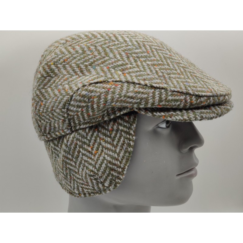 Traditional Irish Donegal Tweed Flat Cap -Speckled/Fleck Green Herringbone- 100% Wool -Padded - With Foldable Ear Flaps -HANDMADE IN IRELAND